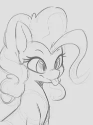Size: 374x499 | Tagged: safe, artist:tre, derpibooru import, pinkie pie, earth pony, pony, :p, bust, cross-eyed, cute, diapinkes, female, grayscale, mare, monochrome, ponk, silly, simple background, smiling, solo, tongue out