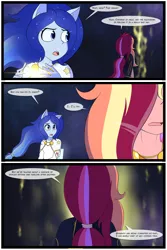 Size: 1500x2250 | Tagged: safe, artist:jase1505, deleted from derpibooru, derpibooru import, oc, oc:solar, oc:sparkling sapphire, unofficial characters only, human, comic:closure, series:sunlight horizons, equestria girls, comic, crossover, dialogue, duo, magical lesbian spawn, offspring, parent:sci-twi, parent:sunset shimmer, parents:scitwishimmer, pony ears, space, speech bubble, starry hair
