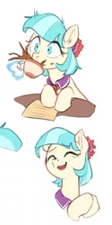 Size: 410x823 | Tagged: safe, artist:luciferamon, derpibooru import, coco pommel, earth pony, pony, blushing, bust, clothes, cocobetes, coffee, cup, cute, drinking, eyes closed, female, flower, flower in hair, happy, hooves together, leaning, levitation, magic, mare, mug, necktie, open mouth, paper, simple background, sketch, smiling, solo, spit take, spitting, surprised, table, tail, teacup, telekinesis, white background, wide eyes
