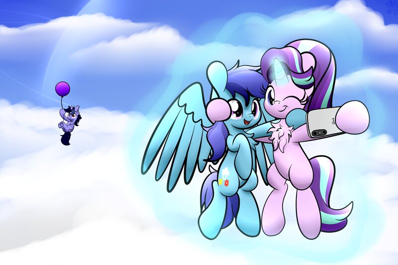 Size: 2048x1365 | Tagged: safe, artist:kimjoman, derpibooru import, starlight glimmer, oc, oc:purple flix, oc:sierra nightingale, pony, balloon, canon x oc, chest fluff, cloud, glimmgale, levitation, magic, phone, self-levitation, selfie, telekinesis