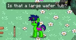 Size: 686x358 | Tagged: safe, derpibooru import, oc, oc:viridi lux, unofficial characters only, butterfly, changedling, changeling, changepony, hybrid, pony, pony town, fence, flower, grass, interspecies offspring, offspring, parent:thorax, parent:twilight sparkle, parents:twirax, text, tree