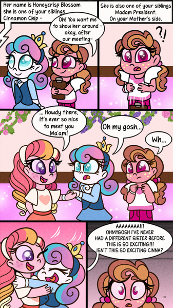 Size: 562x1000 | Tagged: safe, artist:carouselunique, artist:little-tweenframes, derpibooru import, princess flurry heart, oc, oc:cinnamon chip, oc:honeycrisp blossom, comic:little blossom lost, series:sciset diary, equestria girls, clipboard, clothes, comic, equestria girls-ified, female, flower, half-siblings, interdimensional siblings, offspring, older, older flurry heart, parent:big macintosh, parent:princess cadance, parent:shining armor, parents:cadmac, parents:shiningcadance