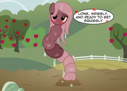 Size: 3002x2164 | Tagged: suggestive, artist:badumsquish, derpibooru import, oc, oc:annelida, earthworm, monster pony, original species, worm, worm pony, apple, blushing, coils, dialogue, dripping, female, fence, field, flirting, flirty, food, slimy, smiling, solo, sweet apple acres, tree, wat, wiggle