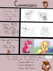 Size: 3300x4366 | Tagged: suggestive, artist:taurson, derpibooru import, applejack, pinkie pie, oc, oc:coffee, bat pony, earth pony, pony, unicorn, advertisement, butt, clothes, commission info, commissions open, crying, dialogue, female, floppy ears, hat, mare, plot, smiling, thought bubble