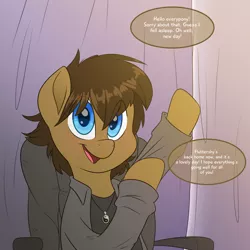 Size: 2000x2000 | Tagged: safe, artist:fluffyxai, derpibooru import, oc, oc:spirit wind, unofficial characters only, pony, tumblr:ask spirit wind, ask, chair, clothes, cute, male, smiling, solo, speech bubble, stallion, tumblr