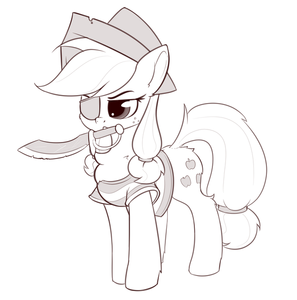 Size: 2634x2664 | Tagged: source needed, safe, artist:anti1mozg, derpibooru import, applejack, earth pony, pony, eyepatch, female, hat, mare, monochrome, mouth hold, pirate, pirate hat, simple background, sketch, solo, sword, weapon, white background