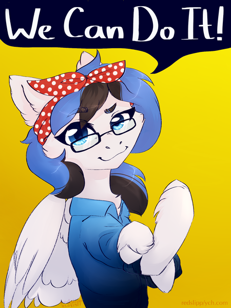 Size: 1500x2000 | Tagged: safe, artist:redslipp, derpibooru import, oc, oc:kezzie, pegasus, pony, rosie the riveter