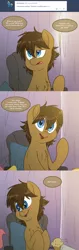 Size: 2000x6300 | Tagged: safe, artist:fluffyxai, derpibooru import, derpy hooves, fluttershy, oc, oc:spirit wind, unofficial characters only, pony, tumblr:ask spirit wind, blushing, chair, curtains, cute, food, male, muffin, pillow, smiling, solo, speech bubble, stallion, tumblr