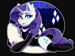 Size: 3245x2424 | Tagged: suggestive, artist:hakkids2, derpibooru import, rarity, pony, unicorn, black background, blue eyes, blue eyeshadow, choker, clothes, cutie mark, ear fluff, evening gloves, eyeshadow, female, gloves, hugging a pillow, image, latex, latex gloves, latex leotard, latex socks, latex stockings, leotard, long gloves, looking to the right, makeup, mare, pillow, png, purple mane, purple tail, side view, sideways glance, simple background, socks, solo, solo female, stockings, thigh highs, white coat