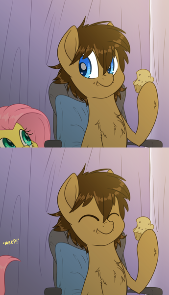 Size: 2300x4000 | Tagged: artist:fluffyxai, cute, daaaaaaaaaaaw, derpibooru import, fluttershy, food, muffin, oc, oc:spirit wind, safe, scared, shyabetes, smiling, tumblr:ask spirit wind