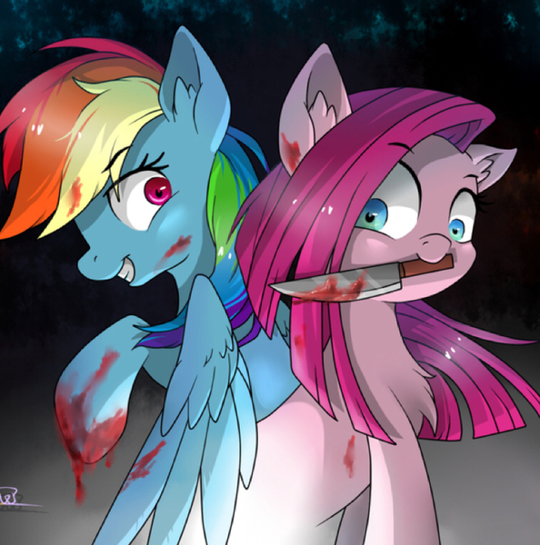 Size: 942x952 | Tagged: artist needed, semi-grimdark, derpibooru import, pinkie pie, rainbow dash, earth pony, pegasus, pony, fanfic:cupcakes, fanfic:rainbow factory, blood, cupcake pinkie, evil, knife, pinkamena diane pie, rainbow factory dash