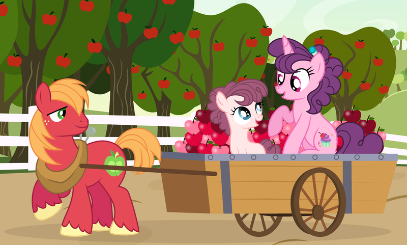 Size: 3740x2248 | Tagged: safe, artist:velveagicsentryyt, derpibooru import, big macintosh, sugar belle, oc, oc:applie, pony, apple, apple tree, cart, cute, female, filly, macabetes, male, ocbetes, offspring, parent:big macintosh, parent:sugar belle, parents:sugarmac, shipping, straight, sugarbetes, sugarmac, tree