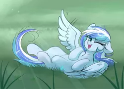 Size: 2048x1476 | Tagged: safe, artist:confetticakez, derpibooru import, oc, oc:crystal bay, unofficial characters only, pegasus, pony, blue coat, blue mane, cute, female, lying in grass, mare, ocbetes, one eye closed, smiling, solo