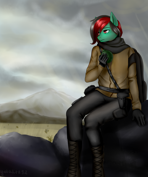 Size: 2500x3000 | Tagged: safe, artist:yutakira92, derpibooru import, oc, oc:forest farseer, unofficial characters only, anthro, earth pony, fallout equestria, alone, cloak, clothes, commission, dystopia, fantasy class, male, rain, sitting, sky, solo, stallion, stare, stone, survivor, warrior, ych result