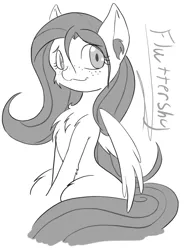 Size: 1536x2048 | Tagged: safe, artist:steelsoul, derpibooru import, fluttershy, pegasus, pony, cheek fluff, chest fluff, ear fluff, freckles, leg fluff, looking at you, monochrome, solo