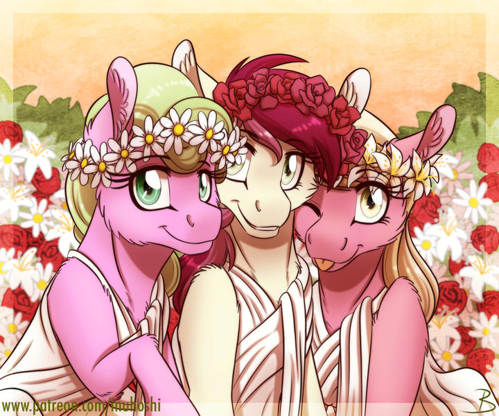 Size: 1600x1333 | Tagged: safe, artist:inuhoshi-to-darkpen, derpibooru import, daisy, flower wishes, lily, lily valley, roseluck, earth pony, pony, :p, cheek fluff, clothes, cute, cuteluck, ear fluff, female, flower trio, leg fluff, lilybetes, mare, one eye closed, shoulder fluff, silly, smiling, toga, tongue out, wink