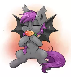 Size: 1564x1711 | Tagged: safe, artist:confetticakez, derpibooru import, oc, oc:andromeda aurora, unofficial characters only, bat pony, pony, bat pony oc, bat wings, cute, cute little fangs, ear fluff, eating, fangs, female, filly, food, gray coat, mango, ocbetes, purple mane, simple background, smiling, solo, wings