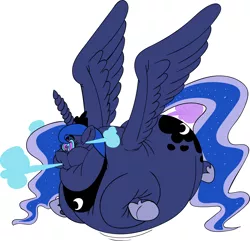 Size: 2738x2639 | Tagged: suggestive, artist:mattings, artist:raspberryveruca, derpibooru import, princess luna, alicorn, pony, air inflation, fart, female, gift art, high res, inflated ears, inflation, jewelry, lunar wind, puffy cheeks, regalia, simple background, solo, white background