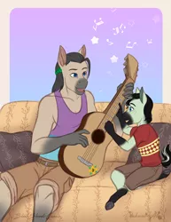 Size: 2550x3300 | Tagged: safe, artist:blackblood-queen, derpibooru import, oc, oc:honeydew mambo, oc:samba volta, unofficial characters only, anthro, earth pony, anthro oc, child, clothes, couch, female, guitar, image, male, musical instrument, music notes, parent:margarite mix, parent:samba volta, png