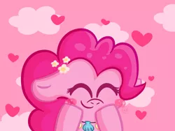 Size: 1600x1200 | Tagged: safe, artist:sweets-and-giggles, derpibooru import, pinkie pie, pony, blushing, bust, cloud, cute, diapinkes, eyes closed, floppy ears, flower, flower in hair, heart, pink background, portrait, seashell, seashell necklace, simple background, solo