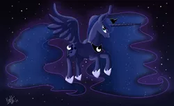 Size: 1600x977 | Tagged: safe, artist:faunafay, derpibooru import, princess luna, alicorn, pony, crown, cute, ethereal mane, female, flying, hoof shoes, jewelry, lunabetes, mare, night, profile, regalia, signature, sky, solo, spread wings, starry mane, starry night, stars, wings