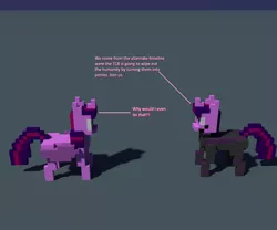 Size: 960x800 | Tagged: safe, artist:derek the metagamer, derpibooru import, twilight sparkle, twilight sparkle (alicorn), alicorn, pony, unicorn, fanfic:the conversion bureau, 3d, comic, evil twilight, future twilight, self ponidox, the conversion bureau, voxel art