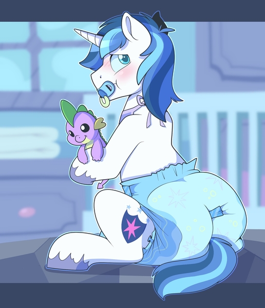 Size: 1730x2010 | Tagged: adult foal, artist:cuddlehooves, cute, derpibooru import, diaper, diaper fetish, fetish, male, pacifier, plushie, poofy diaper, shining adorable, shining armor, solo, solo male, spike, suggestive