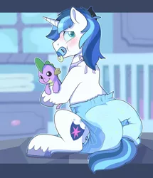 Size: 1730x2010 | Tagged: adult foal, artist:cuddlehooves, cute, derpibooru import, diaper, diaper fetish, fetish, male, pacifier, plushie, poofy diaper, shining adorable, shining armor, solo, solo male, spike, suggestive
