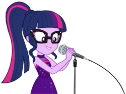Size: 1451x1080 | Tagged: safe, derpibooru import, edit, edited screencap, editor:lonely fanboy48, screencap, sci-twi, twilight sparkle, equestria girls, equestria girls series, spring breakdown, spoiler:eqg series (season 2), adorkable, background removed, cruise outfit, cute, dork, female, glasses, happy, microphone, simple background, sleeveless