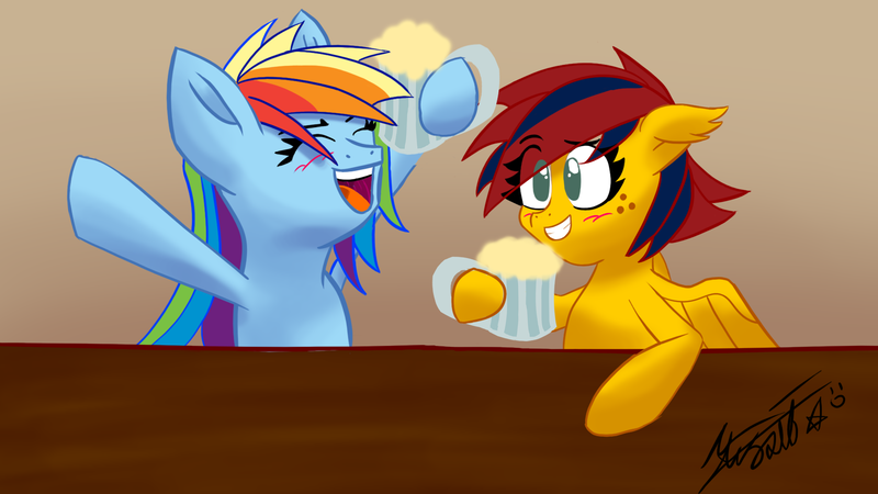 Size: 1920x1080 | Tagged: safe, artist:max rider, artist:stellardust, derpibooru import, rainbow dash, oc, oc:firestorm metallic, pegasus, pony, bar, cider, collaboration, dashie has a drinking problem, female, grin, mare, smiling, tankard