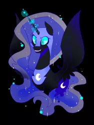 Size: 768x1024 | Tagged: safe, artist:pinweena30, derpibooru import, nightmare moon, pony, adorabolical, black, black background, cute, dark, dark magic, evil, evil grin, grin, magic, moon, moonabetes, simple background, smiling, solo