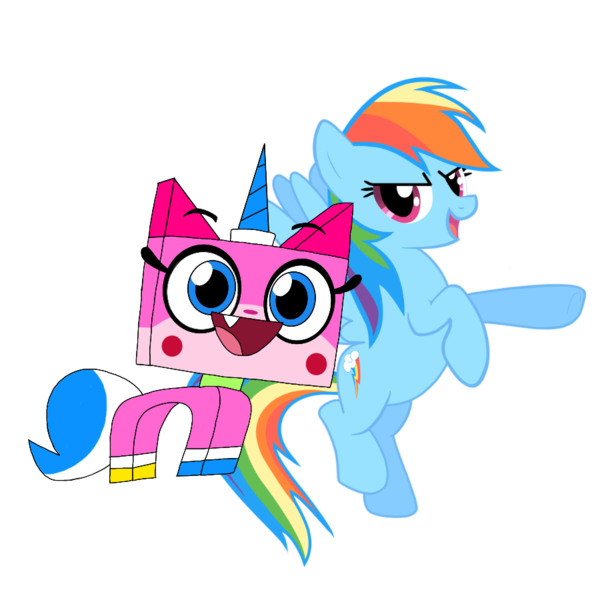 Size: 900x900 | Tagged: artist:lachlandingoofficial, crossover, derpibooru import, duo, lego, rainbow dash, safe, simple background, the lego movie, transparent background, unikitty, unikitty! (tv series)