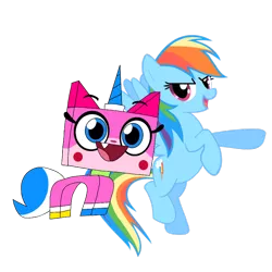 Size: 900x900 | Tagged: artist:lachlandingoofficial, crossover, derpibooru import, duo, lego, rainbow dash, safe, simple background, the lego movie, transparent background, unikitty, unikitty! (tv series)