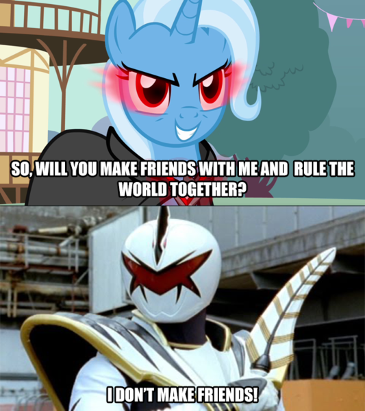 Size: 640x720 | Tagged: safe, derpibooru import, edit, edited screencap, screencap, trixie, pony, unicorn, magic duel, abarekiller, alicorn amulet, bakuryuu sentai abaranger, cloak, clothes, evil, evil eyes, evil grin, female, friends, grin, join me, male, power rangers, power rangers dino thunder, smiling, text, trent, trent mercer, white drago sword, white ranger