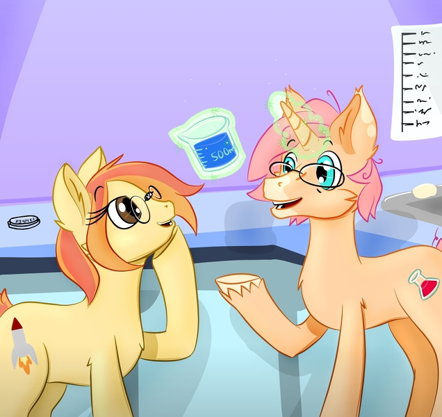 Size: 1500x1414 | Tagged: safe, artist:flickswitch, derpibooru import, oc, oc:gram mordant, oc:summer blaze, unofficial characters only, earth pony, pony, unicorn, beaker, biology, chat, chemistry, colored, digital art, friendship, glasses, inside, laboratory, magic, nerd, rocket science, science, scientist, shading