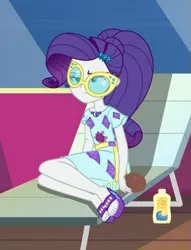 Size: 549x720 | Tagged: safe, derpibooru import, screencap, rarity, equestria girls, equestria girls series, spring breakdown, spoiler:eqg series (season 2), clothes, coconut, crooked glasses, cropped, exasperated face, fainting couch, feet, female, food, geode of shielding, glasses, legs, magical geodes, ponytail, sandals, solo, sunglasses, sunscreen