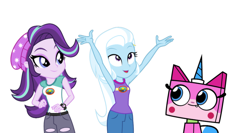 Size: 1920x1080 | Tagged: safe, artist:cgh-walker, artist:punzil504, artist:specialsdong, derpibooru import, starlight glimmer, trixie, equestria girls, beanie, clothes, crossover, hat, lego, shorts, simple background, the lego movie, transparent background, unikitty, unikitty! (tv series), vector