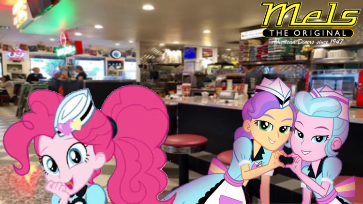 Size: 750x422 | Tagged: safe, derpibooru import, pinkie pie, sunny sugarsocks, tip top, coinky-dink world, eqg summertime shorts, equestria girls, american restaurant, diner, heart hands, irl, mels, mels diner, photo, restaurant, the original mels, waitress