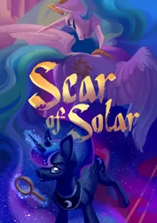 Size: 2894x4093 | Tagged: safe, artist:gashiboka, artist:holivi, derpibooru import, princess celestia, princess luna, alicorn, pony, comic:scar of solar, comic cover, commission, cover art, crown, eyes closed, female, jewelry, looking at you, magnifying glass, mare, peytral, regalia, royal sisters