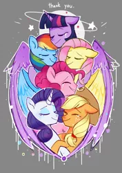 Size: 1240x1754 | Tagged: safe, artist:pinweena30, derpibooru import, applejack, fluttershy, pinkie pie, rainbow dash, rarity, twilight sparkle, twilight sparkle (alicorn), alicorn, earth pony, pegasus, pony, unicorn, circling stars, cowboy hat, crying, cute, dashabetes, diapinkes, dizzy, end of ponies, eyes closed, female, happy, hat, hug, jackabetes, magic, mane six, raribetes, sad, shyabetes, smiling, stars, tears of joy, thank you, twiabetes, winghug, wings