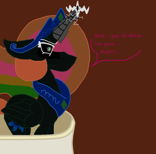 Size: 901x886 | Tagged: safe, artist:eeveeglaceon, derpibooru import, princess celestia, alicorn, pony, tumblr:the sun has inverted, angry, balcony, betrayed, blue sun, canterlot, canterlot castle, civil war, color change, correstia, corrupted, corrupted celestia, corruptia, darkened coat, divided equestria, female, glowing horn, green eye, horn, insanity, invert princess celestia, inverted, inverted colors, inverted princess celestia, multicolored hair, possessed, possesstia, rage, rainbow hair, shrunken pupils, sidemouth, solo, tumblr, word balloon, word bubble