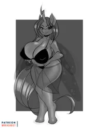 Size: 924x1200 | Tagged: suggestive, artist:mrkashkiet, derpibooru import, queen chrysalis, anthro, changeling, changeling queen, unguligrade anthro, alternate hairstyle, big breasts, bikini, black bikini, breasts, busty queen chrysalis, chubby, clothes, erect nipples, fat, female, grayscale, huge breasts, monochrome, nipple outline, reversalis, sketch, solo, solo female, swimsuit