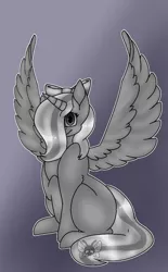 Size: 600x967 | Tagged: safe, artist:mtfoxx3-fan, derpibooru import, oc, oc:fleurbelle, alicorn, pony, alicorn oc, bow, cute, female, grayscale, hair bow, hair over one eye, happy, horn, long hair, long mane, long tail, mare, monochrome, ribbon, smiling, sweet, wings