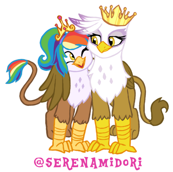 Size: 1280x1269 | Tagged: artist:serenamidori, crown, cute, derpibooru import, female, gilda, hippogriff, hug, interspecies offspring, jewelry, magical lesbian spawn, mother and child, mother and daughter, next generation, oc, oc:rainbow feather, offspring, parent:gilda, parent:rainbow dash, parents:gildash, regalia, safe, tiara