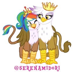 Size: 1280x1269 | Tagged: artist:serenamidori, crown, cute, derpibooru import, female, gilda, hippogriff, hug, interspecies offspring, jewelry, magical lesbian spawn, mother and child, mother and daughter, next generation, oc, oc:rainbow feather, offspring, parent:gilda, parent:rainbow dash, parents:gildash, regalia, safe, tiara