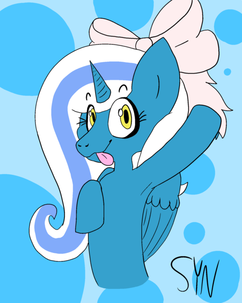 Size: 1600x2000 | Tagged: safe, artist:sketchsynergy, derpibooru import, oc, oc:fleurbelle, alicorn, pony, :p, alicorn oc, armpits, bow, cute, female, hair bow, happy, hooves, horn, long hair, long mane, mare, ribbon, silly, sweet, tongue out, wings, yellow eyes