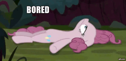 Size: 1272x620 | Tagged: safe, derpibooru import, edit, edited screencap, screencap, mean pinkie pie, pony, the mean 6, animated, bored, boring, caption, clone, elongated body, forest, gif, gifs.com, image macro, on the floor, solo, text, tired