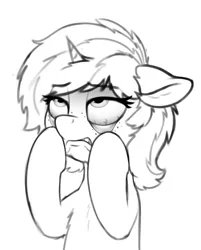 Size: 1567x1945 | Tagged: safe, artist:zippysqrl, derpibooru import, oc, oc:sign, unofficial characters only, pony, unicorn, bust, chest fluff, female, floppy ears, freckles, grayscale, hooves on face, monochrome, simple background, solo, ugh, white background
