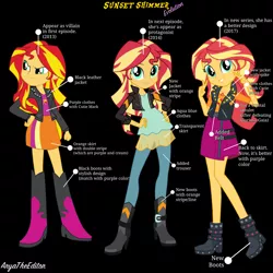 Size: 3120x3120 | Tagged: safe, artist:aryatheeditor, derpibooru import, sunset shimmer, eqg summertime shorts, equestria girls, equestria girls series, amulet, angry, bacon hair, black background, boots, clothes, comparison, cutie mark, dress, evil, evolution, geode of empathy, grin, happy, high heel boots, jacket, jewelry, leather, leather jacket, magical geodes, pants, pose, shoes, simple background, skirt, smiling, style, sunset