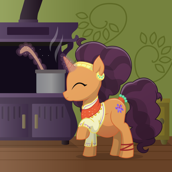 Size: 10800x10800 | Tagged: safe, artist:xniclord789x, derpibooru import, saffron masala, pony, absurd resolution, cooking, eyes closed, magic, pot, pregnant, raised hoof, stirring, telekinesis